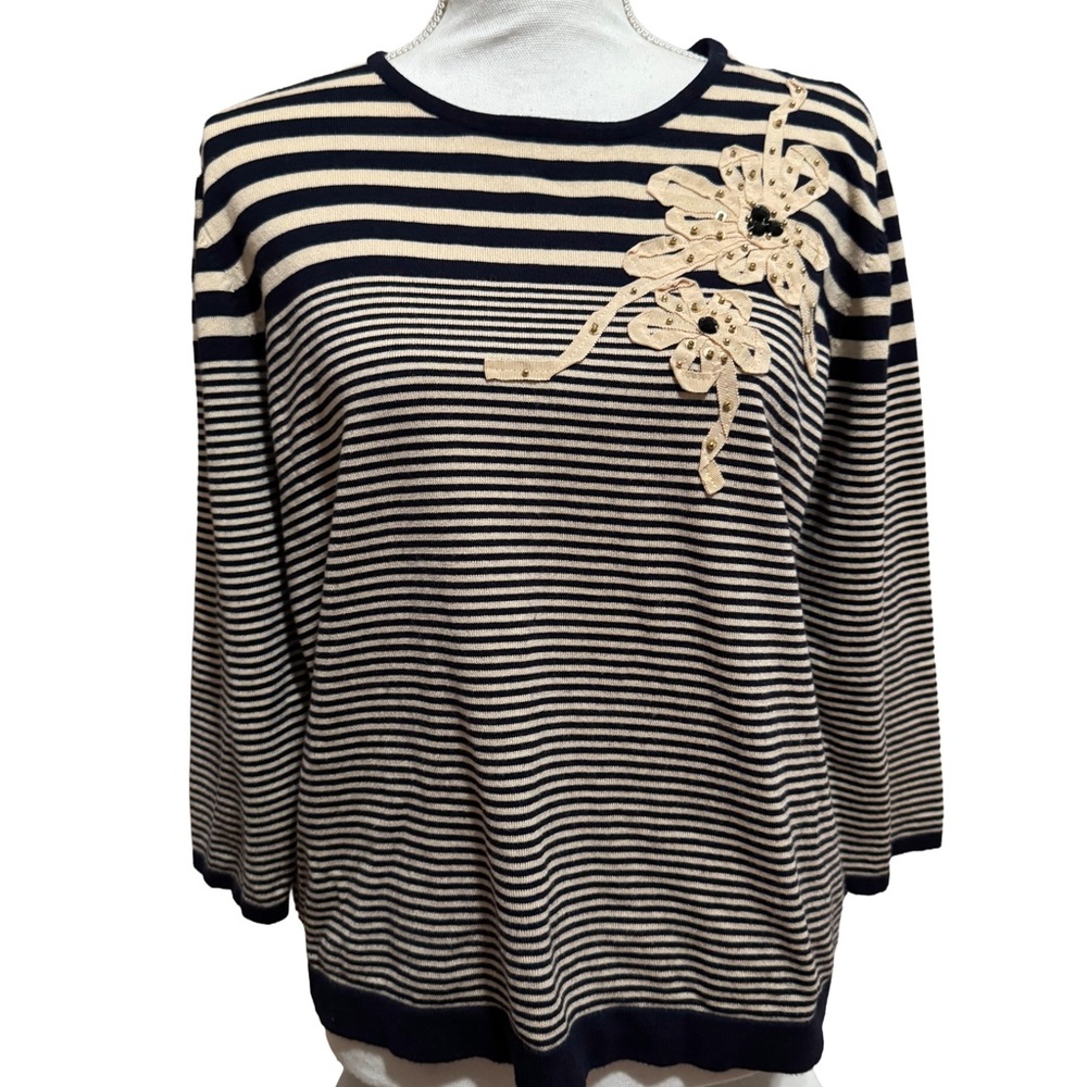 Alfred Dunner Black and Cream Striped Sweater